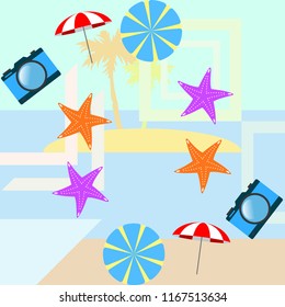 beach umbrella camera starfish summer holiday vector background