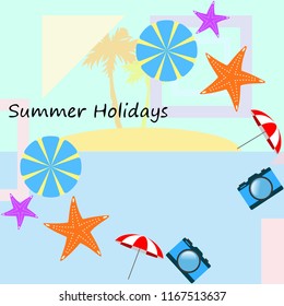 beach umbrella camera starfish summer holiday vector background