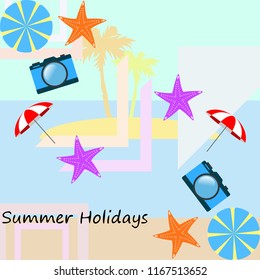 beach umbrella camera starfish summer holiday vector background