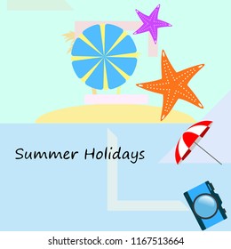 beach umbrella camera starfish summer holiday vector background
