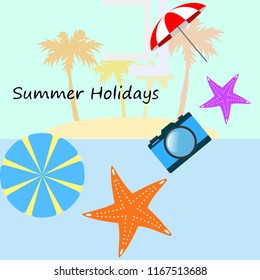 beach umbrella camera starfish summer holiday vector background