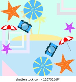 beach umbrella camera starfish summer holiday vector background