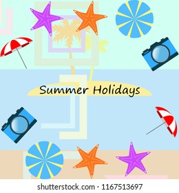 beach umbrella camera starfish summer holiday vector background