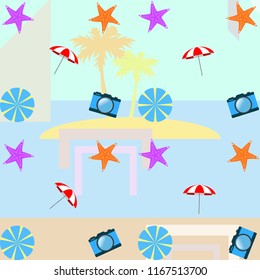 beach umbrella camera starfish summer holiday vector background