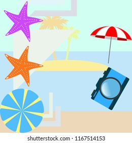 beach umbrella camera starfish summer holiday vector background