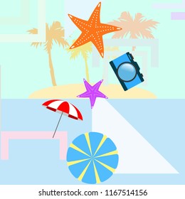 beach umbrella camera starfish summer holiday vector background