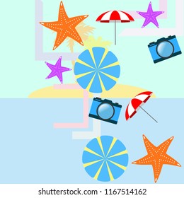 beach umbrella camera starfish summer holiday vector background
