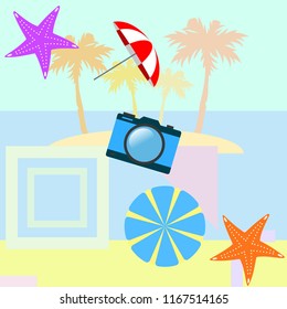 beach umbrella camera starfish summer holiday vector background beach umbrella camera starfish summer holiday vector background
