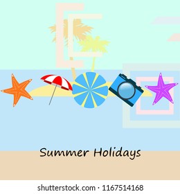 beach umbrella camera starfish summer holiday vector background