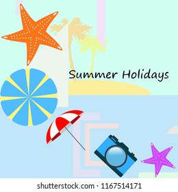 beach umbrella camera starfish summer holiday vector background