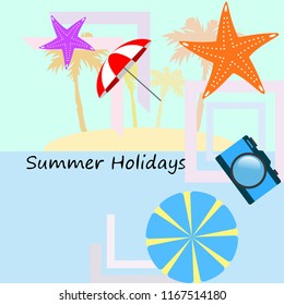 beach umbrella camera starfish summer holiday vector background