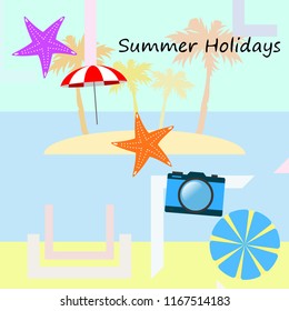 beach umbrella camera starfish summer holiday vector background
