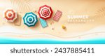 Beach umbrella and beach canvas bed, coconut leaf, summer banner design on sand beach background, Eps 10 vector illustration

