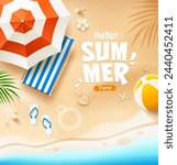 Beach umbrella and beach canvas bed, coconut leaf, beach ball, summer poster design on sand beach backgeound, Eps 10 vector illustration