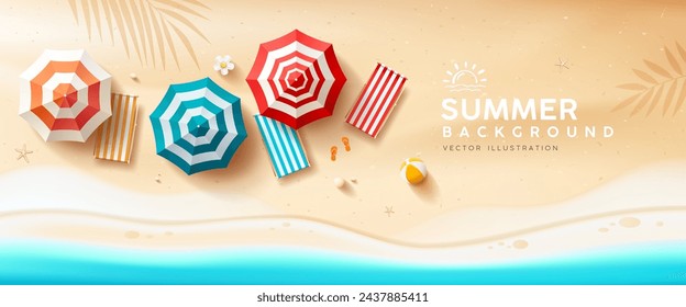 Beach umbrella and beach canvas bed, coconut leaf, summer banner design on sand beach background, Eps 10 vector illustration
