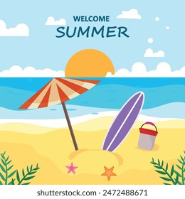 Beach umbrella and beach canvas bed, coconut leaf, beach ball, summer poster design on sand beach background, Eps 10 vector illustration