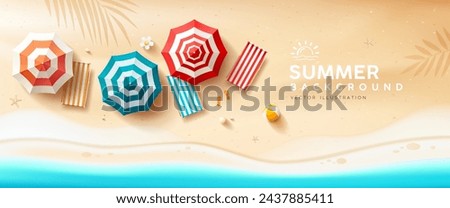 Beach umbrella and beach canvas bed, coconut leaf, summer banner design on sand beach background, Eps 10 vector illustration
