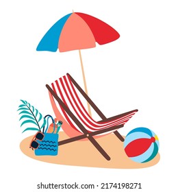 Beach Umbrella, Chair, Beach Ball, Womens Beach Bag With Sunbathing Accessories. Vacation And Travel Concept. Flat Vector Cartoon Illustration, Clipart. 