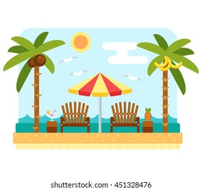 Beach umbrella and chair. Flat scene with parasol, longue, sea and palm tree. 