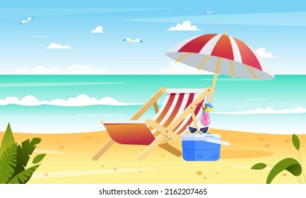 Beach umbrella, chair and fridge cooler with cocktail and sunglasses on it. Flat vector illustration, summer vacation and travel concept. Sea background with sky