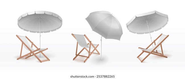 Guarda-chuva de praia e mockups de cadeira conjunto isolado no fundo branco. Vetor ilustração realista de chaise lounge sob guarda-sol guarda-sol com superfície em branco para móveis de marca, jardim ou piscina