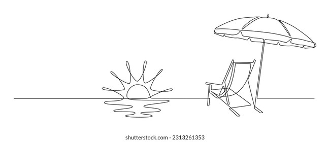 Beach umbrella and chair in one continuous line drawing. Concept of holiday summer and vacation in paradise island and sea in simple linear style. Editable stroke. Doodle outline vector illustration