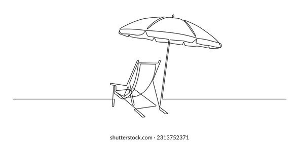 Beach umbrella and chair in one continuous line drawing. Concept of holiday summer and vacation in paradise landscape and seaside in simple linear style. Editable stroke. Doodle vector illustration