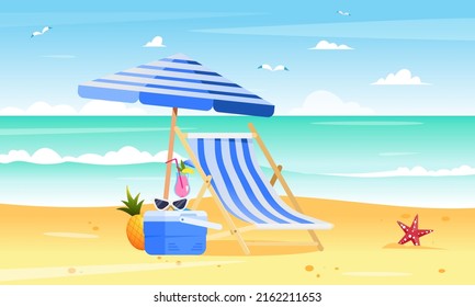 Beach umbrella, chair, pineapple and fridge cooler with cocktail and sunglasses on it. Flat vector illustration, summer vacation and travel concept. Sea background with sky