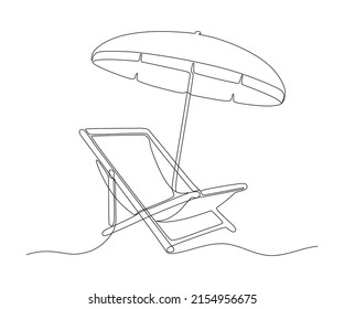 Beach umbrella and chair for summer holiday, continuous one line drawing. Beach chaise longue and sunshade. Summertime relax on deck chair on coast of sea. Relaxation equipment. Vector outline