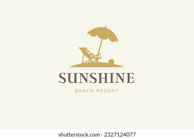 Beach umbrella with chaise longue paradise island resort travel vacation agency logo design template vector illustration. Sun bathing shadow protection silhouette sea ocean summer holiday emblem