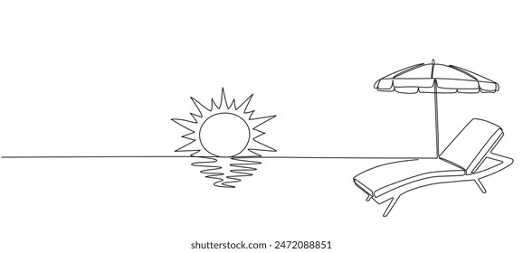 Beach umbrella and chaise lounge chair , continuous single line pattern.   Concept of summer rest, vacations on the seashore. . Vector editable outline 