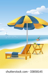 A beach umbrella, chaise lounge and a drink on a beach table are waiting for a lucky traveler. Bright yellow sand is washed by brilliant blue sea. White sailboat is visible far away near the horizon