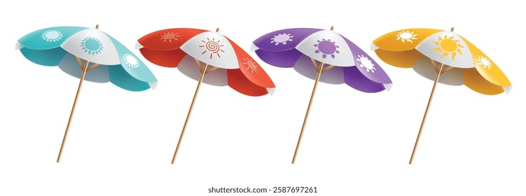 Beach umbrella clipart set. Colorful umbrellas clip art collection for summer holiday season sunshade protection object with sun drawing icon vector illustration.