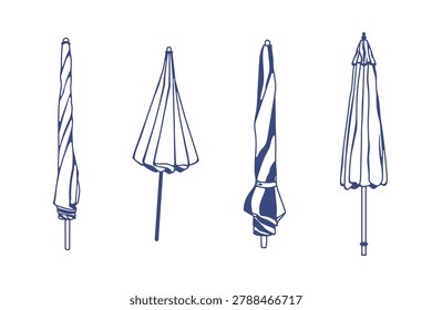 The beach umbrella is in the closed position. Monochrome doodle illustration on a white background. Vector icon set