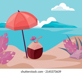 beach with umbrella and coconut scene