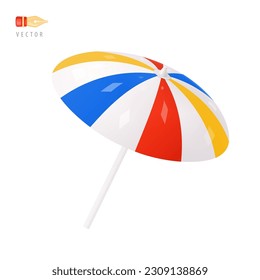 Paraguas de playa. Signo de parasol de verano colorido blanco, azul y rojo a rayas. Objeto aislado en fondo blanco. Icono de caricatura 3d realista. Icono Emoticon Diseño Clip Art. Emoji. Ilustración de vectores 3D