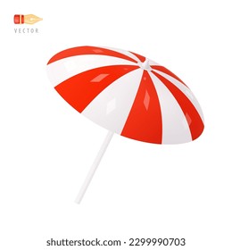 Strandschirm. Farbiges, weißes und rot gestreiftes Sommerparasol-Zeichen. Objekt einzeln auf weißem Hintergrund. Realistische Zeichentrickfilme 3D-Symbol. Emoticon Design Clip Art. Emoji Icon. 3D-Vektorgrafik