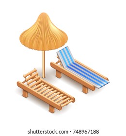 Beach umbrella and deck chair isolated on white photo-realistic vector illustration