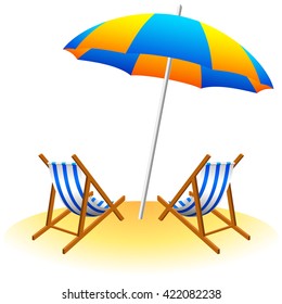 Beach umbrella and deck chairs