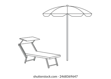 Sombrilla de playa y tumbonas iconos de línea Ilustración vectorial