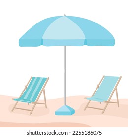 Beach umbrella and deck chairs vector illustration on white background. Wooden deck chairs and blue umbrella on the beach in summer. Enjoy the sunny day!