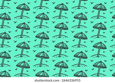 beach umbrella doodle pattern on green background. summer parasol with flying birds seamless pattern background. hand-drawn tropical umbrella engraving motif wallpaper for kids product and merchandise