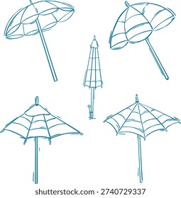 Beach umbrella doodle, Tropical summer sunshade sketches, set of nautical parasol doodles for vacation design.