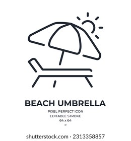 Icono de contorno de trazo editable del paraguas de la playa aislado en ilustración vectorial plana de fondo blanco. Pixel perfecto. 64 x 64.
