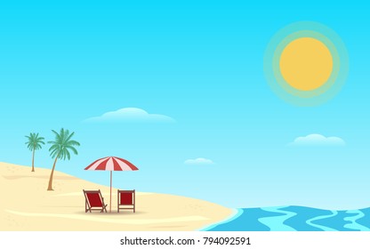 beach umbrella in flat icon design at sea with blue sky background