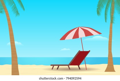 sombrilla de playa en diseño de icono plano en el mar con fondo azul cielo