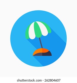 beach umbrella flat icon with long shadow on blue circle background , vector illustration , eps10