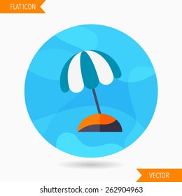 beach umbrella flat icon with long shadow on blue circle background , vector illustration , eps10