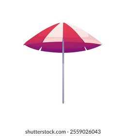 Beach umbrella flat icon. Beach or pool sunshade for summer rest. Striped red and white sun umbrella. Vacation accessory, relaxation equipment. Vector cartoon illustration isolated on white background