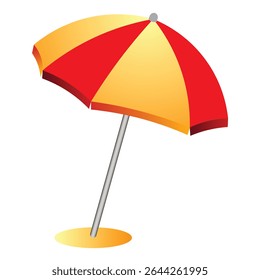 Beach umbrella flat style isolated. Summer sunshade striped parasol in sand